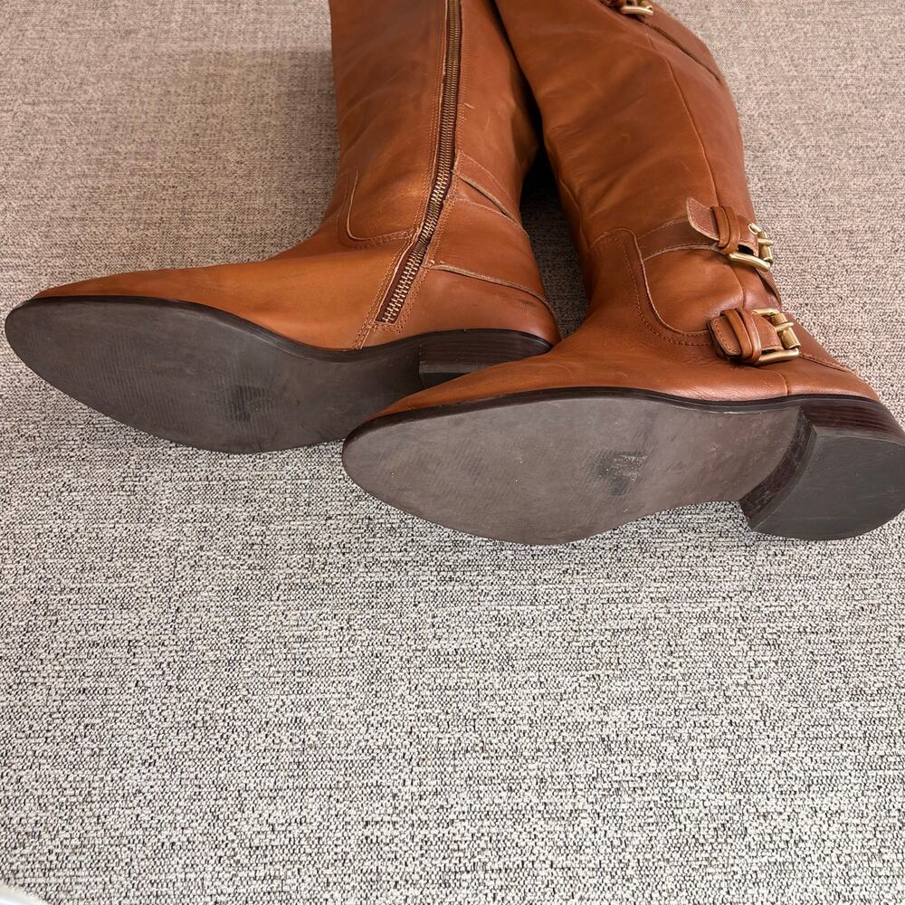 MICHAEL KORS Women Brown Leather Tatum Tall Riding Boots Gold Buckle SZ 7.5 - Picture 11 of 11